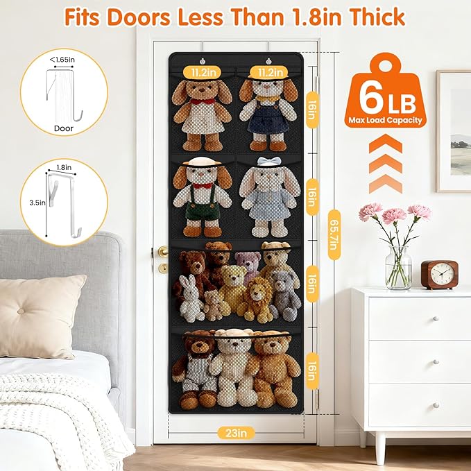 SpaceHacks Stuffed Animal Storage - Large Over the Door Organizer with 6 Expandable Mesh Pockets & Metal Hooks, Non-Woven Fabric Hanging Plush Items Holder for Nursery, Bedroom, Playroom (Black)