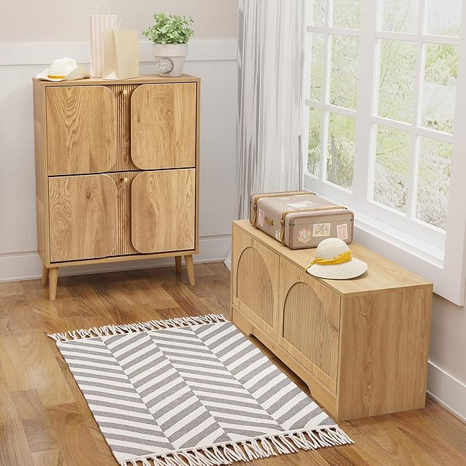 BERRYMERRY 39.4" Fluted Shoe Storage Bench for Entryway,2 Tier Shoe Cabinet Bench with Adjustable Shelf,Bench for Bedroom End of Bed (Natural, 13.8”D x 39.4”W x 18.5”H)