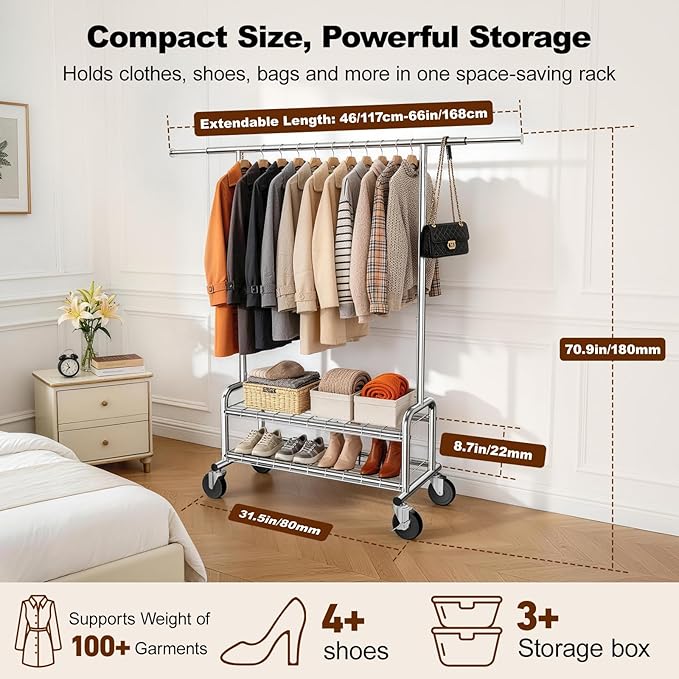 Heavy Duty Clothing Rack with Shelves, 660 LBS Capacity Rolling Metal Clothes Rack with Lockable Wheels, Garment Rack for Bedroom, Laundry Room, Portable Closet Organizer, Silver