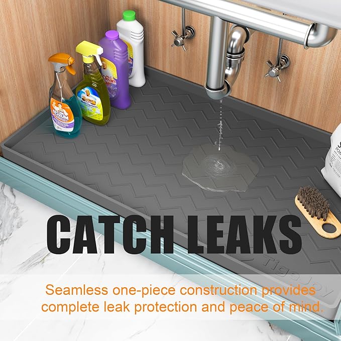 Tigejoy Under Sink Mat 22"" x 19""- Waterproof Silicone Shelf Protector for Kitchen and Bathroom Cabinets, Under Sink Drip Tray Organizer, Mat for Kitchen Cabinet Organizers and Storage, Light Gray