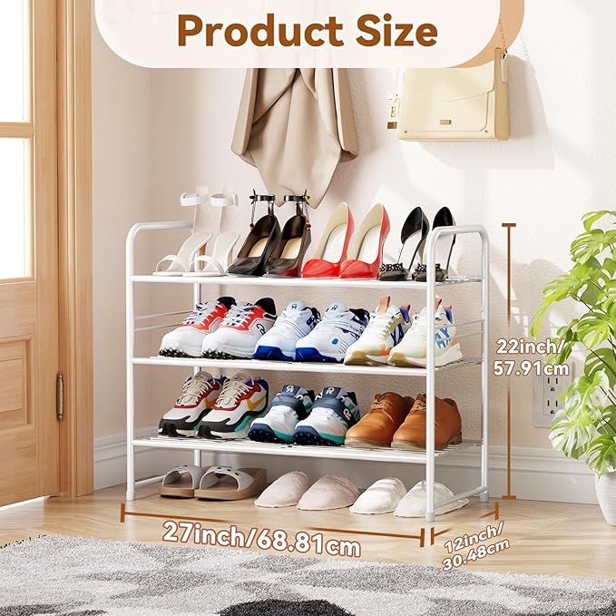 Simple Shoe Rack, 3 Tier Heavy Duty Metal Shoe Shelf 27 Inch Wide, White
