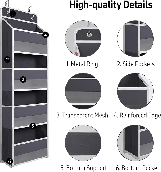 TYMENSH Gray Over Door Organizer with 4 Large Clear Pockets, Neutral Hanging Door Storage for Closet, Bathroom, Bedroom, Dorm, Nursery, Toys, Toiletries, Baby Essentials