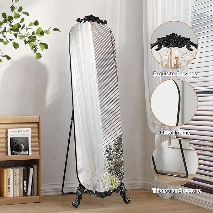 Arched Full Length Mirror, 63"X20" Vintage Floor Mirror, Baroque Full Body Mirrors with Art Carved, Free Standing Leaning or Wall-Mounted Mirrors for Bedroom, Living Room, Entryway, Black