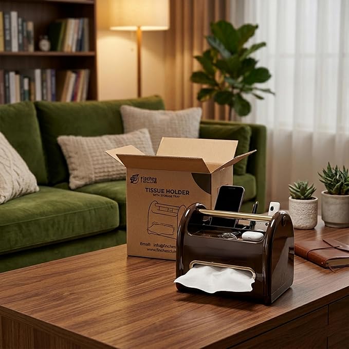 Tissue Box Cover Rectangular with Storage Tray | Multifunctional Facial Tissue Holder and Desk Organizer Napkin Holder | Side Table Unique Home Décor Tissue Box Covers for Vanity Counter Tops (Black)