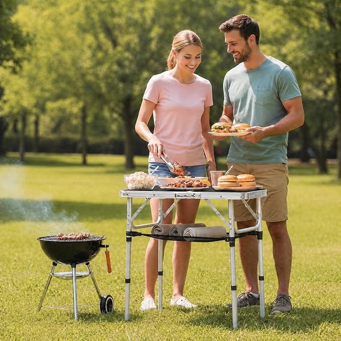 YUFIFAIRY Small Folding Table Portable, 24''L x16''W Foldable Camp Table with 3 Adjustable Height, Indoor Outdoor Lightweight Aluminum for Outdoor Cooking Picnic Black Table(10"/19"/27.5"
