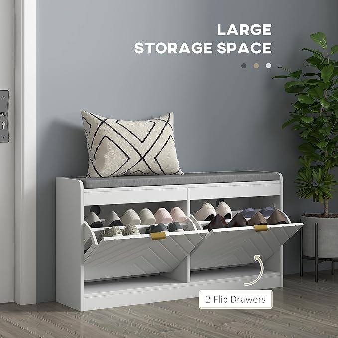 HOMCOM Shoe Bench, Entryway Bench with 2 Flip Drawers, Seating Cushion, and 2 Vents for 8 Pairs of Shoes for Hallway, White