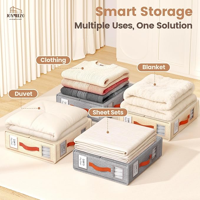 4 Pack Bed Sheet Organizers and Storage(King &Queen Size) with an Elastic Strap, Foldable Closet Linen Sheet Storage Container, Sheet Set Box for Blankets, Duvet Cover and Pillowcase, Beige