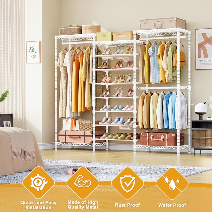 ULIFHOME E16 Heavy Duty Clothing Rack（With 7-Tier Adjustable Shoe Rack） Freestanding Clothes Rack for Hanging Clothes，Metal Closet Storage Organizer Large Wardrobe，69'' W x 15.8'' D x 76.2'' H，White