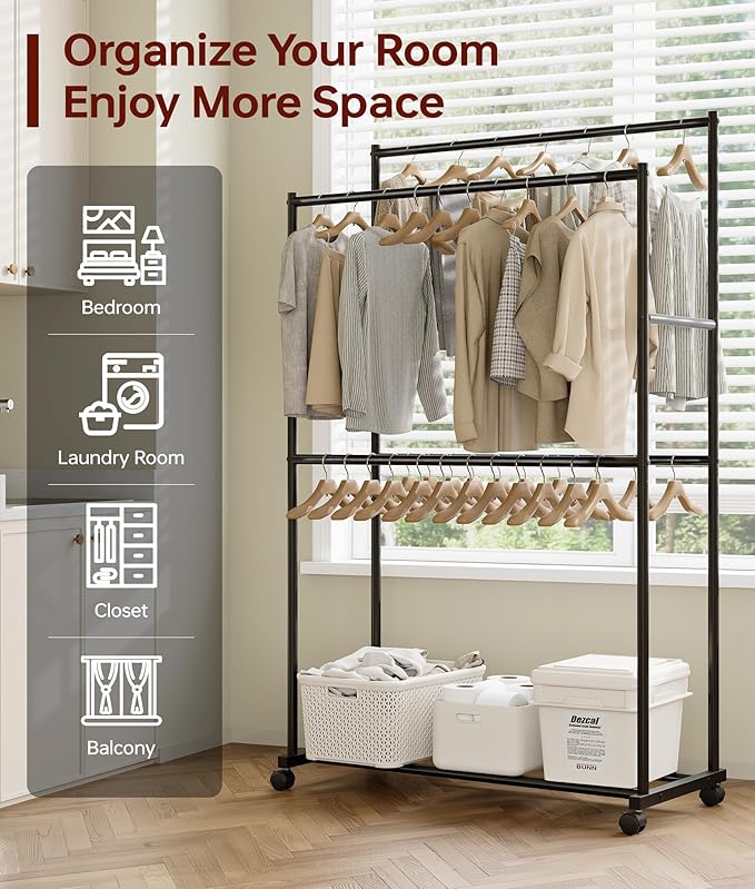 Clothes Rack - 36.2" x 21.3" x 72", 4-Bar Double Rod Rolling Metal Clothing Rack for Hanging Clothes, Portable Garment Rack with Wheels for Bedroom Laundry, Closet Wardrobe, Black