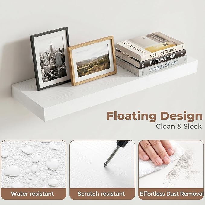 Venusmiles Floating Shelves for Wall, 20 Inch Floating Shelves Set of 2, 6.5" D Wooden Wall Mounted Display Shelves with Invisible Brackets for Living Room, Bedroom, Bathroom, Kitchen Decor, White