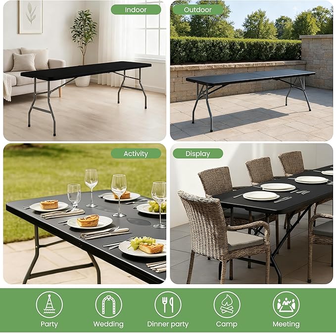 Folding Table 8FT Portable Heavy Duty Plastic Table with Carrying Handle Fold-in-Half Utility Foldable Tables for Parties Wedding Events Dining Indoor Outdoor Picnic (Black)