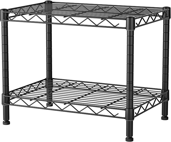 Golpart Small 2 Tier Shelves Storage Wire Shelving Unit Metal Shelf Adjustable Organizers Storage Shelving for Bathroom Laundry Room Kitchen Pantry12”D x 18”W x 12.2”H Black