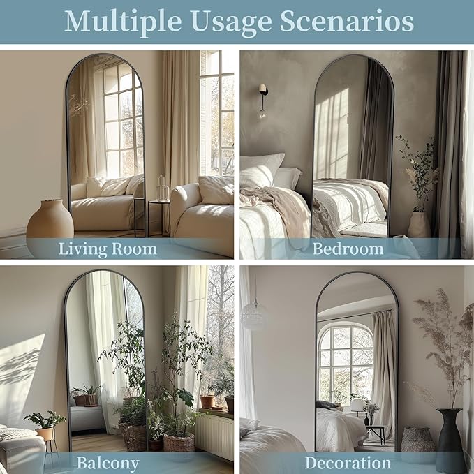 Full Length Mirror with Stand, 56"x14" Arched Full Body Mirror, Large Stand Up Aluminum Frame Floor Freestanding Hanging Leaning Mounted for Bedroom Living Room Entryway Black
