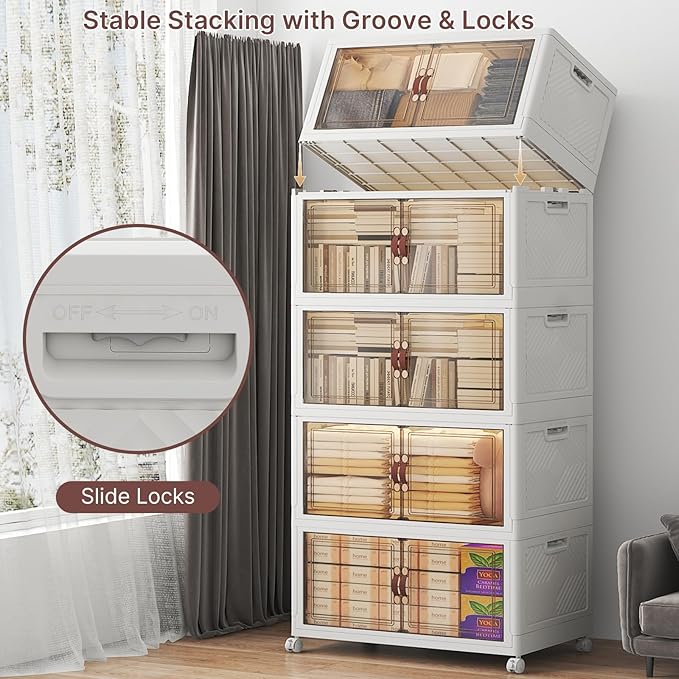 UAMFURI Stackable Storage Bins with Lids, 600QT Closet Organizers, Lockable Storage Cabinet，Foldable Storage Box with Doors and Wheels, Plastic Drawers for Home, Garage, Office (5, White, Large)