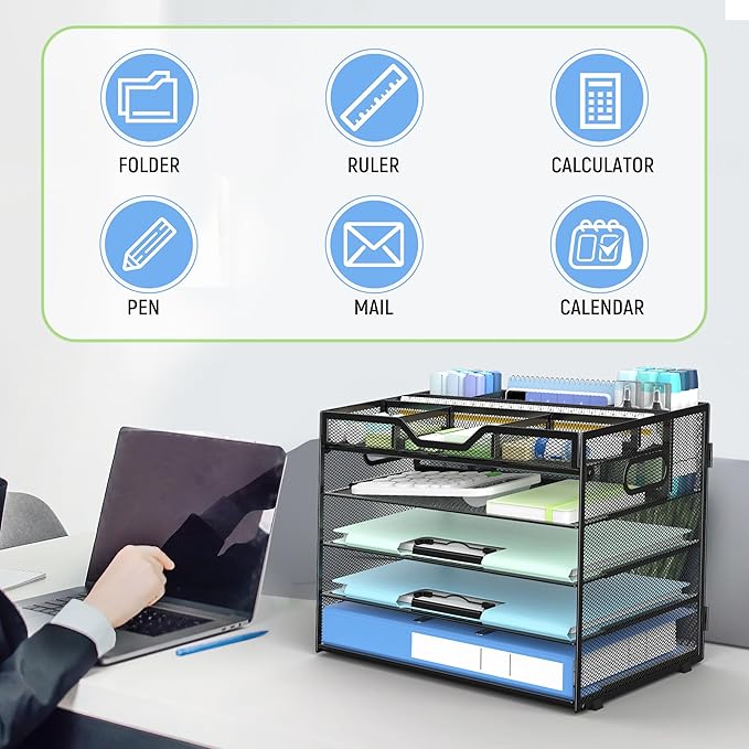 Docnest 5 Tier Mesh Desk Organizer with Adjustable Compartments - Stackable Letter Tray with Built-in Pen Holder & Handles - Desktop File Storage for Office, Home, School Supplies - Black