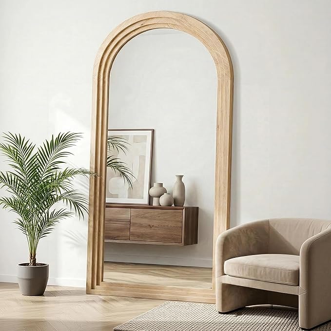 Delma Arched Full Length Floor Mirror with Stand, 75x35 Rustic Farmhouse Solid Wood Frame Wall Mirror for Bedroom, Living Room, Vertical Hanging & Standing(Natural)