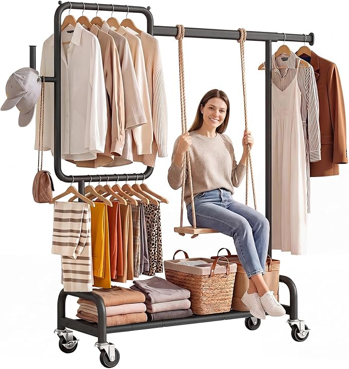 SOLEDI Heavy Duty Partitioned Clothes Rack, 600 LBS Load Metal Garment Rack with Shelves & Lockable Wheels, Rolling Hanging Rack for Bedroom, Laundry Room, Store & Garage (Black)