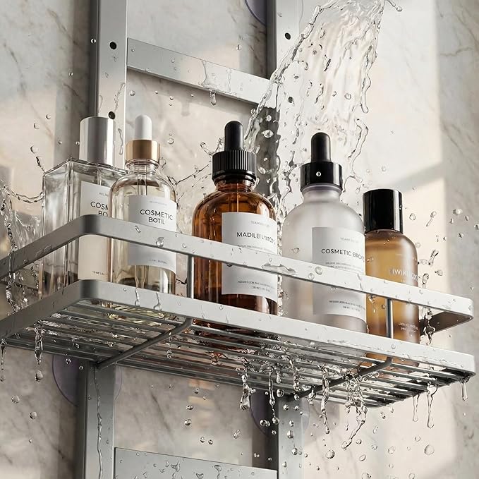 Over the Door Shower Caddy Hanging, Rustproof Shower Shelves with Waterproof Phone Pouch, Adjustable Bathroom Organizers and Storage, No Drilling Shampoo Soap Shelf (Silver 3-Tier)