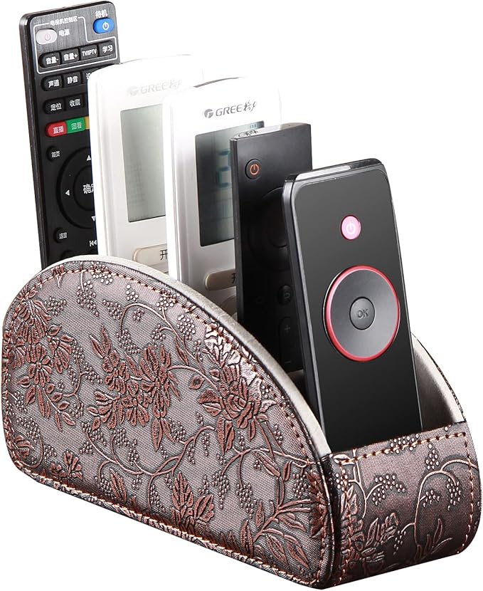 Leather Remote Control Holder,Universal TV Remote Organizer with 5 Compartments,Desktop or Bedside Table Organizer for DVD,Blu-Ray,Gaming and Streaming Remotes,Glasses and Accessories(Antique)