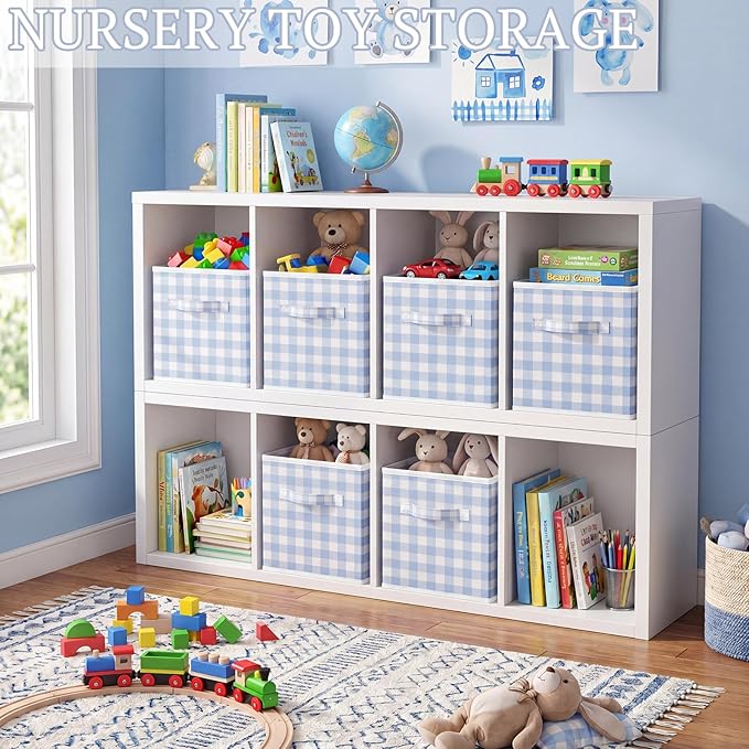 Yalikop 6 Pcs Blue Checkered Cube Storage Bins, 11 Inch Fabric Gingham Classroom Storage Bins Organizer with Handle Preppy Collapsible Cubby Basket for Classroom Home Nursery Playroom Bedroom