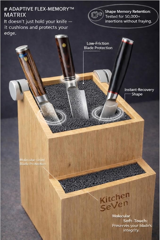 Bamboo Universal Knife Block - Knife Holder with 2 Built-In Knife Sharpeners - 2-Tiered Modern Knife Storage Up to 16 Large and Small Knives Easy Clean Wooden Knife Organizer by Kitchen Seven