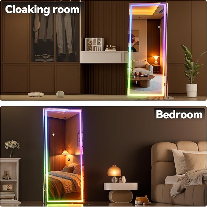 Hasipu 71"x24" LED RGB Bluetooth Full Length Mirror with Lights, Full Body Mirror with Stand, Wall Mount & Free Standing Floor Mirror for Bedroom Living Room Cloakroom, 7 Color & Brightness Adjustable