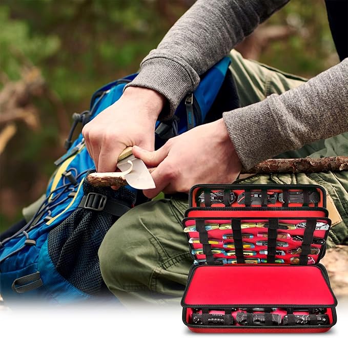 GWCASE Knife Display Case for 66+ Pocket Knives. Folding Holder, Butterfly Storage Organizer, Roll Collection Pouch for Survival Tactical Outdoor - Red