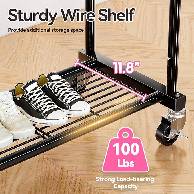 80" Tall Clothing Rack for Hanging Clothes 400 Lbs, Double Rod Rolling Clothes Rack with Lockable Wheels, Portable Garment Coat Rack for Bedroom Laundry Living Room, Black