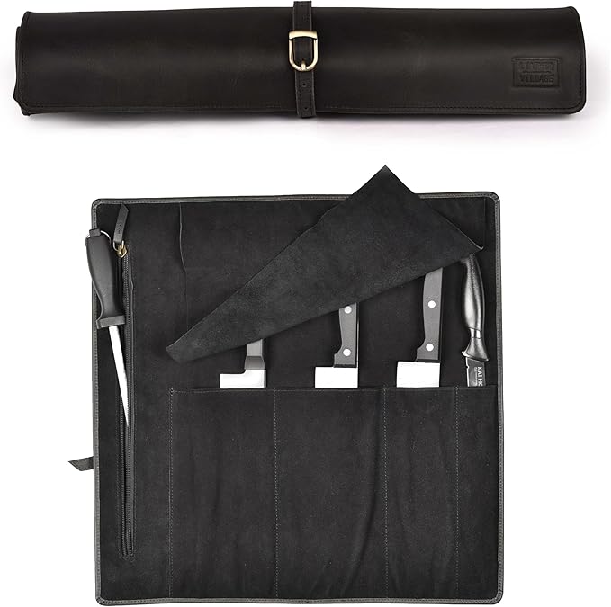 LEATHER VILLAGE Genuine Leather Knife Roll Bag – Professional Chef Carrying Case, Durable Sheath Holder, Cooks & Culinary Tools Organizer, Portable Travel Storage with 4 Slots & Zipper - Black