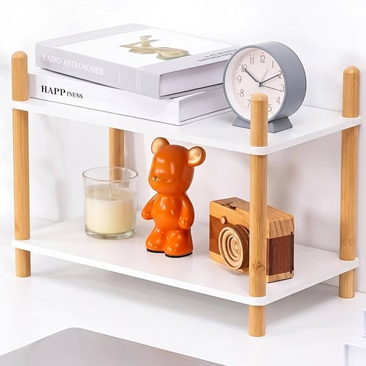 2-Tier Expandable Bamboo Desktop Organizer Shelf Kitchen Cabinet and Counter Riser Display Shelf for Top of Desk Home Office Bathroom Coffee Table Display Stand,Natural