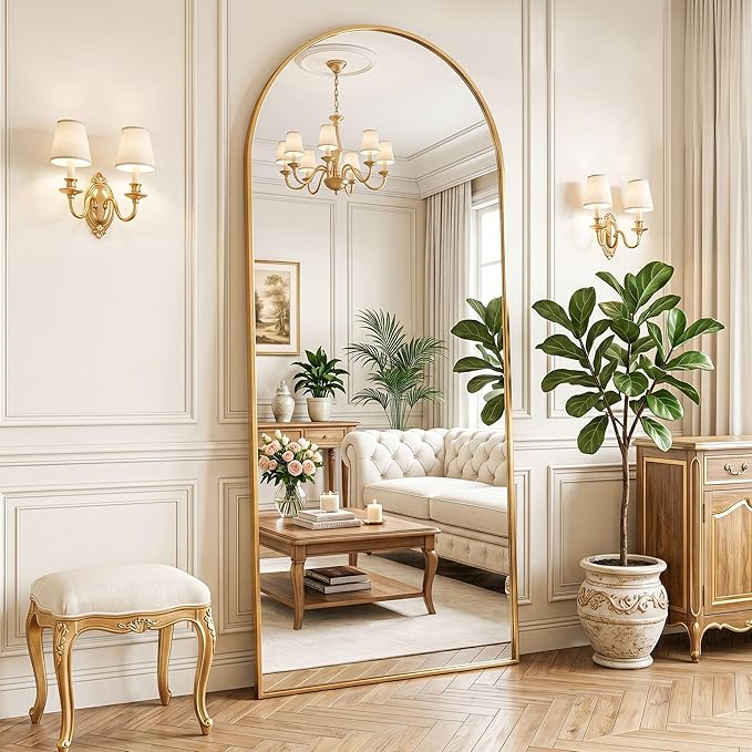 MISSDAY Large Arched Full Length Mirror, 71"x28" Oversized Full Body Mirror with Stand, Floor Mirror Long Free Standing, Leaning or Hanging, Frame Wall-Mounted Mirrors Wall Mirrors for Bedroom, Gold