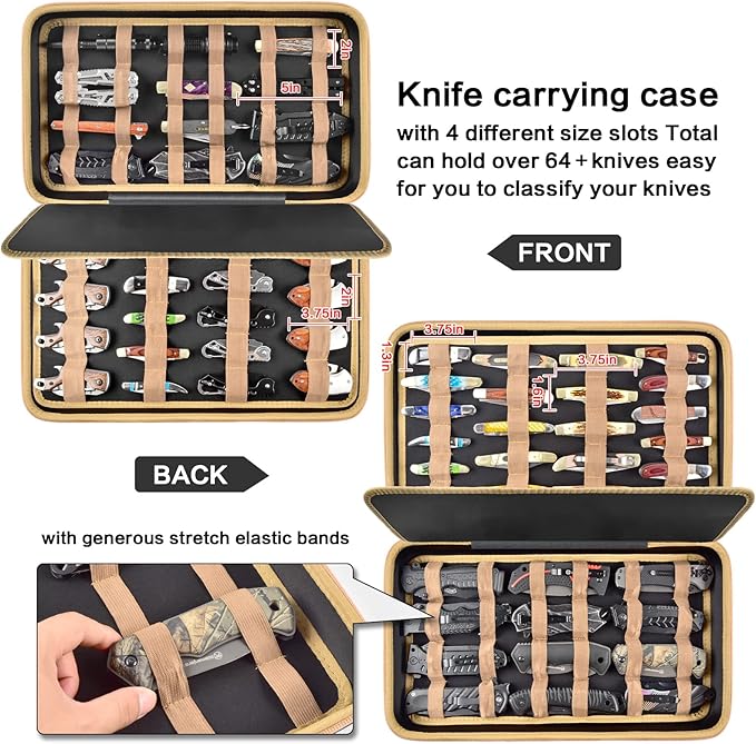 Knife Display Case for 64+ Pocket Knives, Butterfly Knife Storage Box, Folding Knives Organizer Holder, Knives Collection Organized Carrier for Survival, Tactical, Outdoor, EDC Mini Knife - Brown