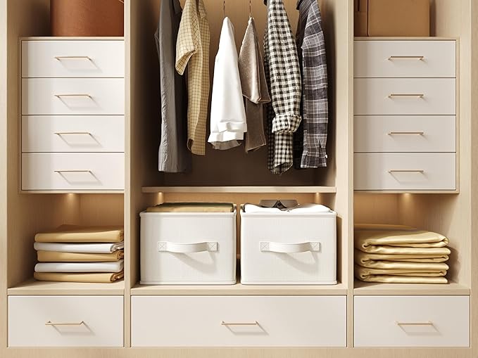 LayerSpace 3 Pack Fabric Storage Bins for Shelves | 16.25x12x10in Closet | Collapsible Bins for Organization | Linen Clothes Storage Bins | White & Ivory