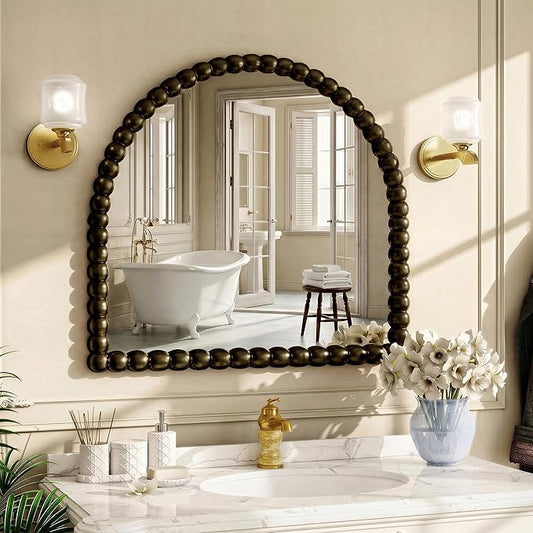 31"×32" Bronze Arched Bathroom Vanity Mirror, Vintage Beaded Decorative Wall Mounted Makeup Mirror, as Wall Decor Hanging Leaning for Fireplace Mantle, Living Room, Bedroom, Vanity Area