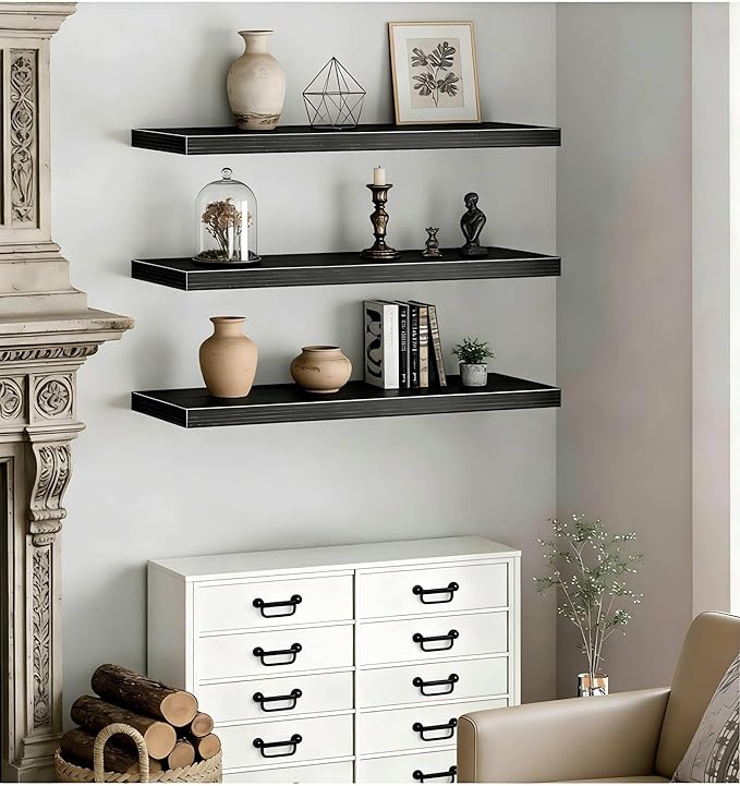 Vervida® Floating Shelves, 35.4 inch Wall Mounted Rustic Wood Shelves for Bathroom, Bedroom, Living Room, Kitchen, Office, Hanging Shelf for Books/Storage/Decor(Black, Set of 3)