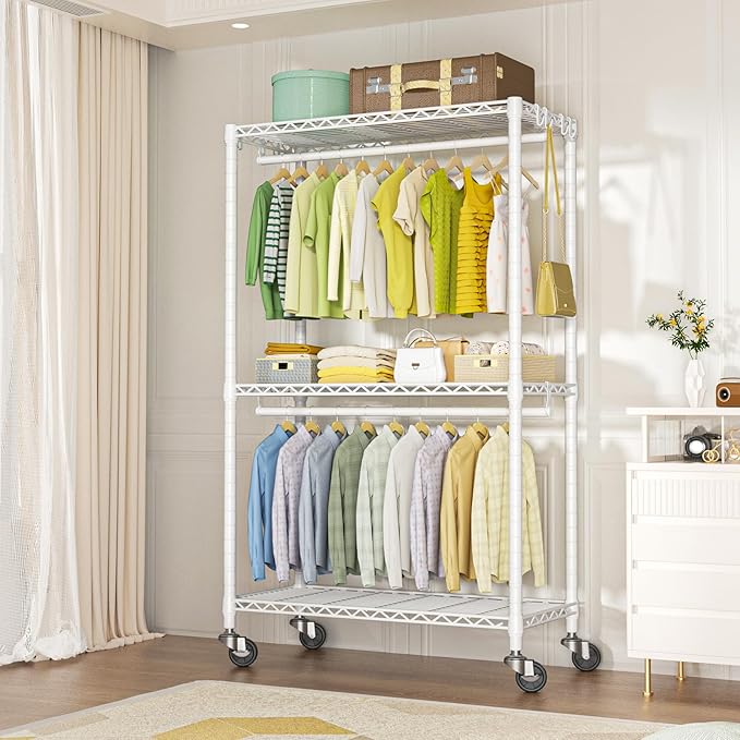 FUTASSI P3 Rolling Clothes Rack, Clothing Racks for Hanging Clothes, Heavy Duty Garment Rack with Wheels, Freestanding Portable Closet Racks 39.4'' W x 14'' D x 78.5'' H, Max Load 470 LBS, White