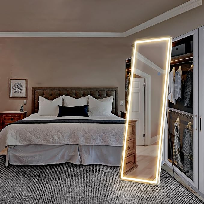 NEWBULIG 64"x21" Full Length Mirror with Light, 3 Color Lighting Full Body Floor Mirror with Aluminum Alloy Thin Frame, Wall or Standing Mirror for Bedroom, Living Room, Dressing Room, White