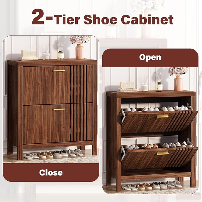 knoworld Shoe Storage Cabinet for Entryway with 2 Flip Drawers, 31.5" Narrow Fluted Shoe Organizer Cabinet, Slim Wooden Shoe Cabinet, Freestanding Hidden Shoe Cabinet for Entrance, Hallway (Walnut)