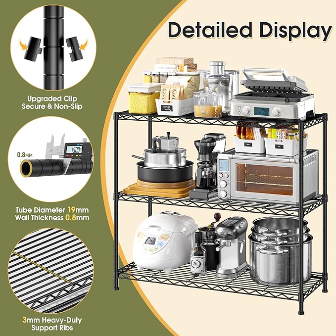 DurayLoly 35.6" W Storage Shelves, 3 Tier Adjustable Metal Shelving Unit Heavy Duty Steel Wire Rack for Kitchen,Laundry,Pantry,Office,Garage, Closet,Black(35.6" Wx14 Dx35.6 H)