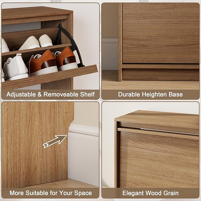 Shoe Cabinet with 2 Flip Drawers, Modern Narrow Shoe Storage Cabinet Organizer with Adjustable Shelf, Hidden Freestanding Shoe Rack for Entryway, Hallway, Living Room, Walnut