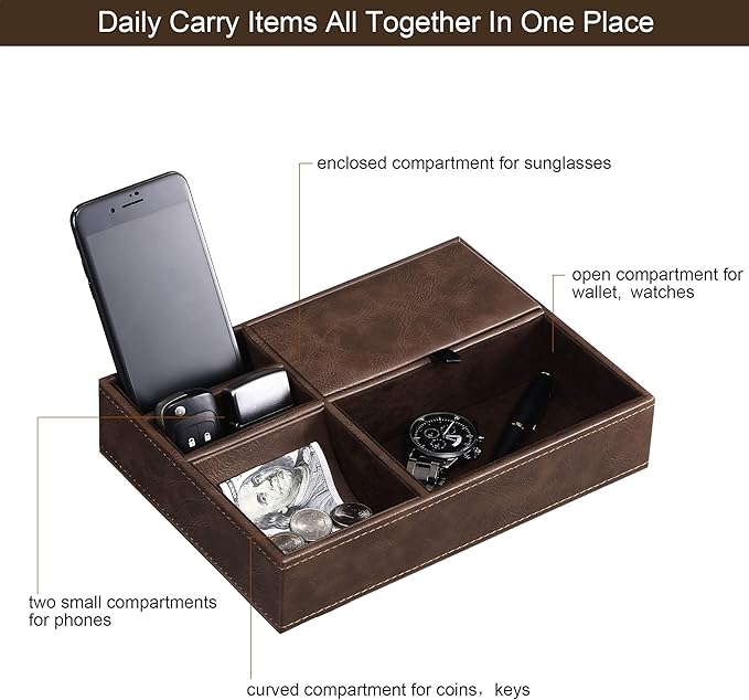 BEWISHOME Mens Valet Tray for men, Nightstand Organizer, Dresser Organizer, Catch All for Mens AccessoriesFaux Leather,Brown SSH06Z