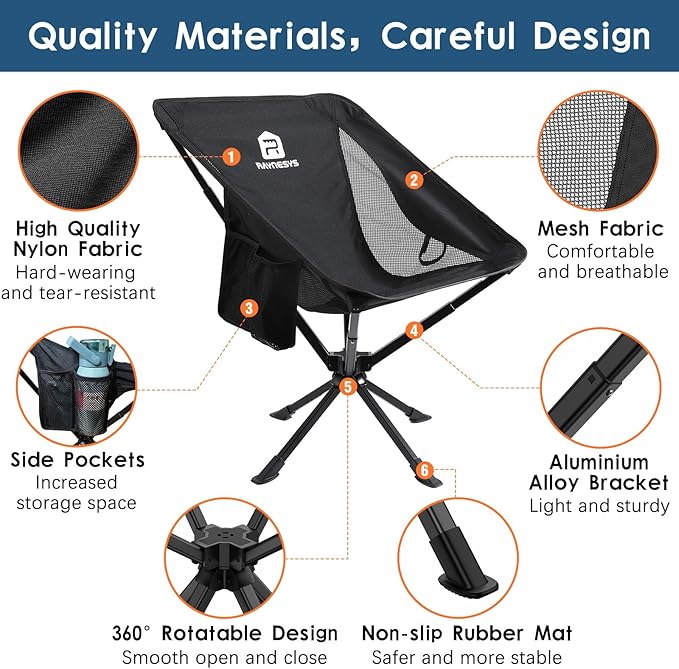 Raynesys Portable Camping Chair 2 Pack, 8 Seconds Quick Setup Folding Camping Chair, Flexible 360° Rotation, 3.8Lb Lightweight Travel Chairs for Easy Carry to Hiking, Sporting, Travel, Beach
