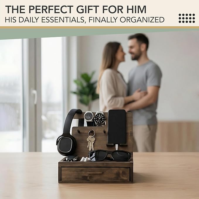 Nightstand Organizer for Men- Phone Docking Station with Drawer for Cellphone, Watches, Sunglasses & Accessories- Makes an Ideal Gift for Dad or Son (Rustic)