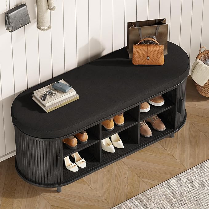 Oval Shoe Storage Bench with Padded Seat Cushion, 2-Tier Fluted Shoe Cabinet with Adjustable Shelves, Mid-Century Bench Compact for Entryway, Hallway, Closet, Front Accent, Foyer, Bedroom, Black