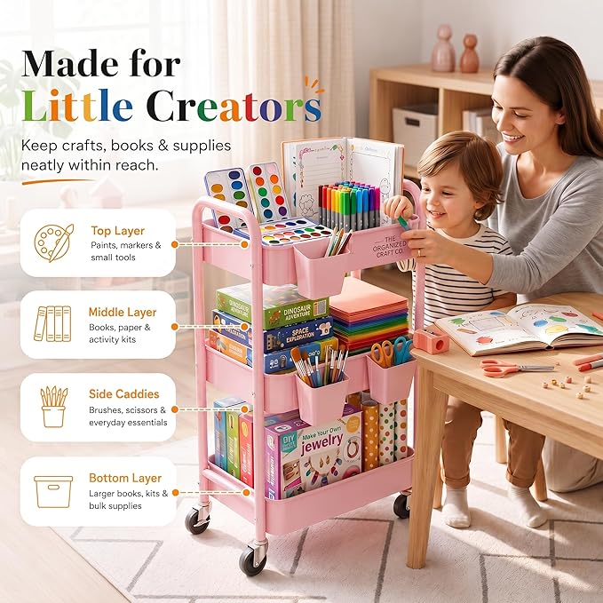 3 Tier Rolling Cart Metal with Lockable Wheels, Pink Three Tiered Diaper Caddy Cart Organizer on Wheels, Storage Utility Trolley Carts for Craft, Art, Nail, Lash, Baby Supplies, Cleaning, Mesh