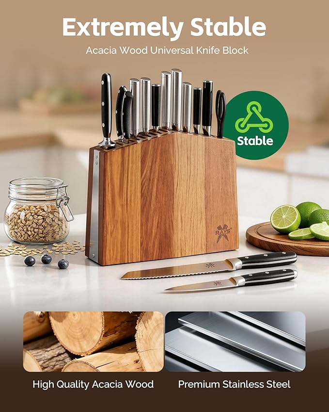 RAVS Universal Knife Block Without Knives, Acacia Wood Universal Knife Holder for Countertop, Kitchen Knife Storage Organizer with Slots for Scissors and Sharpening Rod, 22-Slot Large Capacity