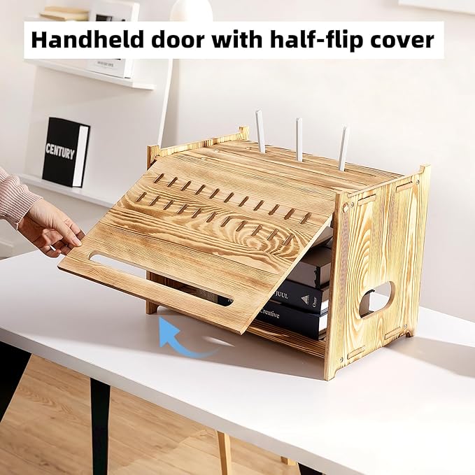 Solid Wood Projector Shelf Router Shelf Projector Stand Router Storage Box Router Cover Organized Modem Cable Power Strip Cable Management Hider Rack by Need Assembly (Flip-top Door)