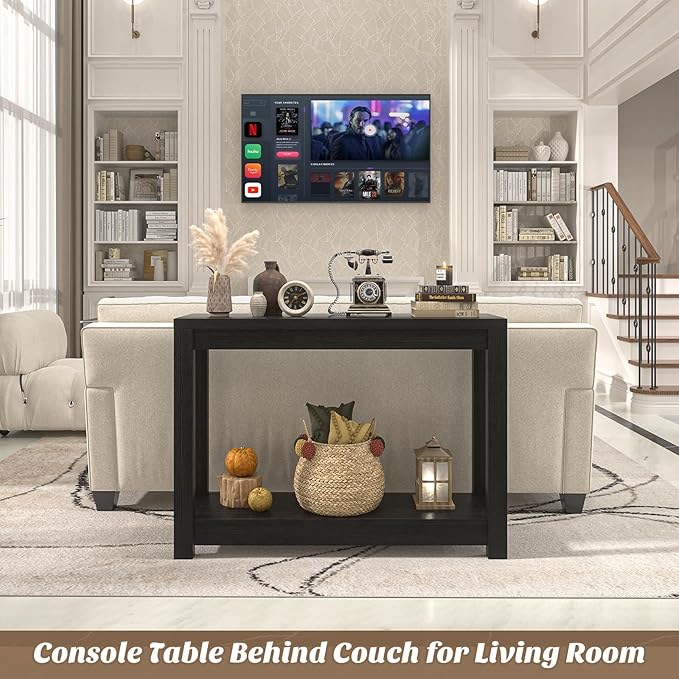 Besiost Small Farmhouse Wood Entryway Table Narrow Console Table with Storage Behind Couch Sofa Table with Shelves Entry Way Table with Open Storage, Easy Assembly, 32" Embossed Wood Grain Black