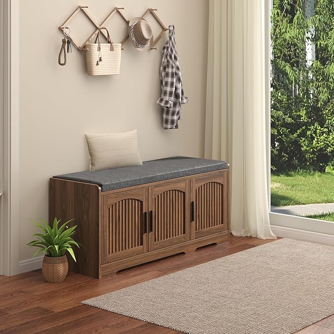 39.4" Shoe Storage Bench with Seating Cushion, Fluted 2-Tier Entryway Bench with 3 Doors & Adjustable Shelves, Shoe Cabinet Bench for Entryway, Hallway, Bedroom and Living Room (Walnut)