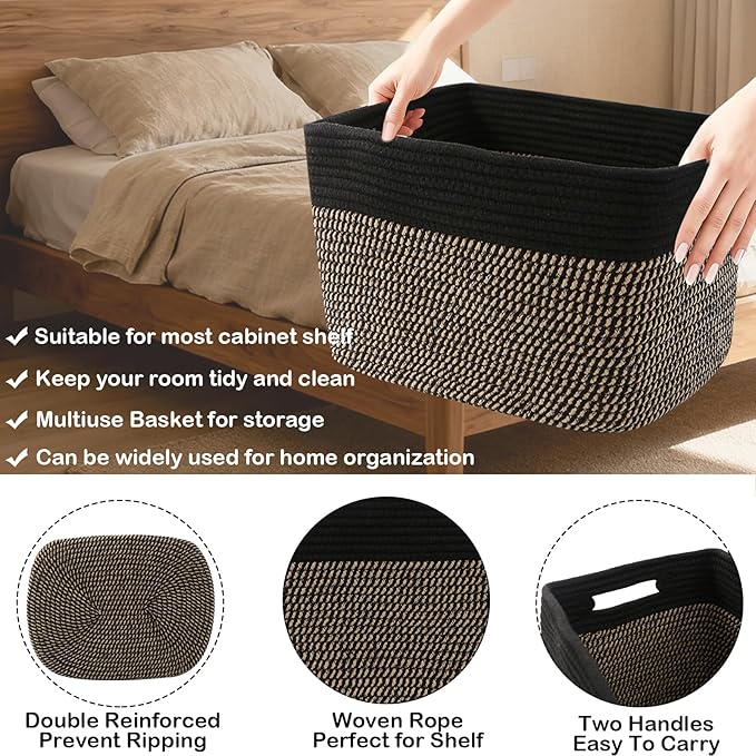 3 Pack Woven Rope Storage Baskets for Shelves,13.5"×11"×9.5" Storage Bins with Handles,Empty Gift Baskets,Nursery Organizer for Toys,Towels,Books,Closet,Living Room,Bedroom (Black&Jute)